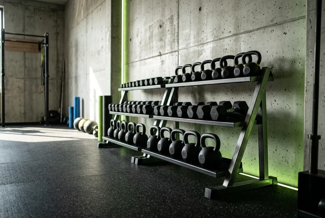 Concept website for a fitness studio, showing a rack of kettlebells