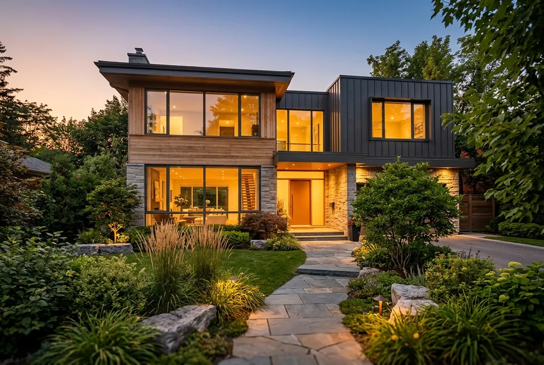 Concept website for a real estate agency, showing a modern home at dusk