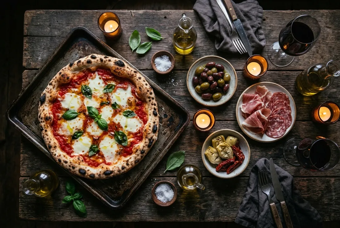 Concept website for a restaurant, showing a wood-fired pizza on a rustic table